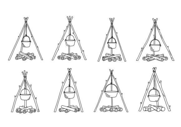 Campfire Cooking Pot Line Art Vector: A Graphics Asset for Crafts and Merch