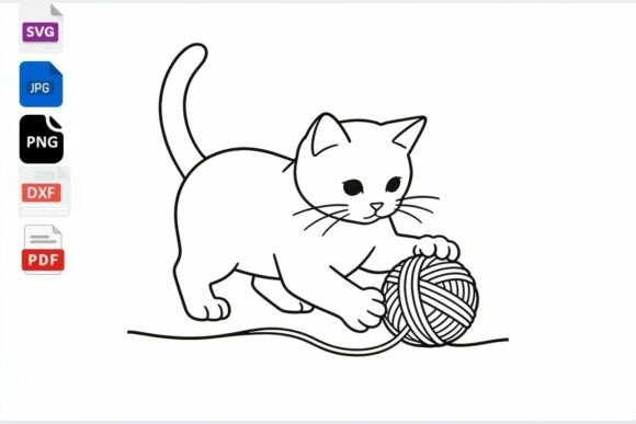 Cute Cat Playing with Yarn Line Art SVG for Crafts and Graphics